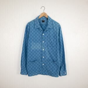 TODD SNYDER Men's Large Camp Collar Overshirt Blue check faded